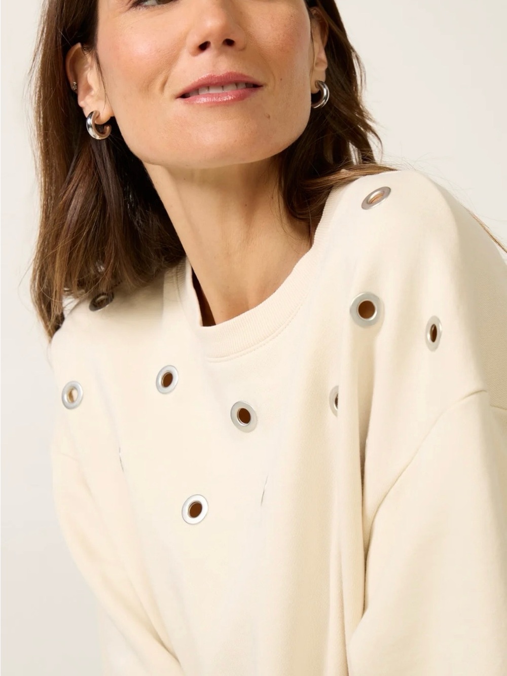 Evereve Cream Crewneck Sweater with Metallic Eyelet Detail